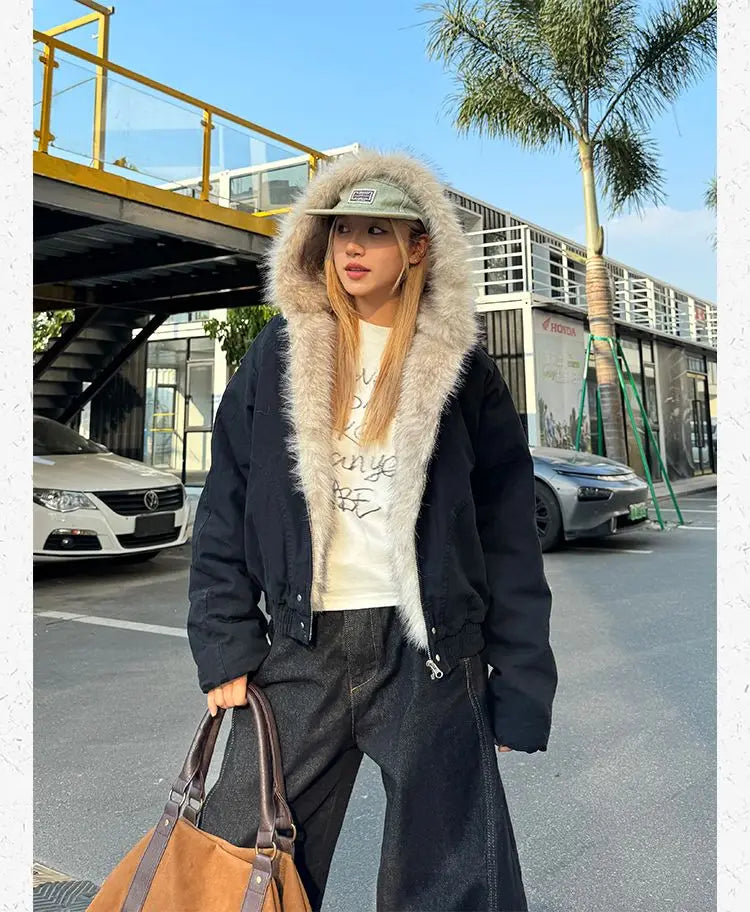 アメリカンレトロファーカラーフード付きジャケット レディース Y2K ストリートウェア 冬物 新作 ベルベット 厚手 暖かい 原宿系 ゆったり カジュアル ジャケット