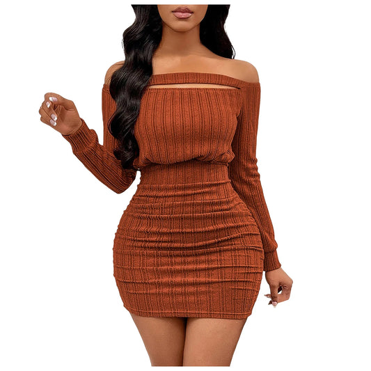Women's Sexy Off Shoulder Bodycon Mini Dress Solid Color Long Sleeve Ribbed Knit Short Dress Elegant Lady Hip Wrap Party Dresses