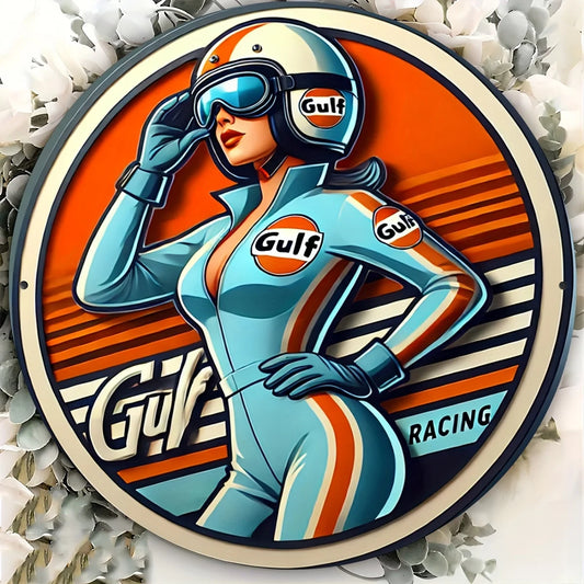 Vintage Gulf Racing Metal Wall Decor Sign | 8x8 Inch Aluminum Art Plate with Retro Woman Racer Design, Ideal for Home