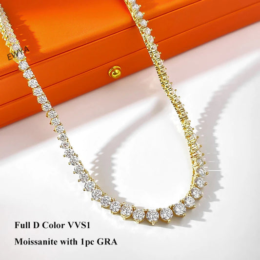 EWYA 3 Claw 0.4CT Gradient Full D Color VVS Moissanite Tennis Necklace for Women 925 Silver Plated 18k GRA Certified Neck Chain