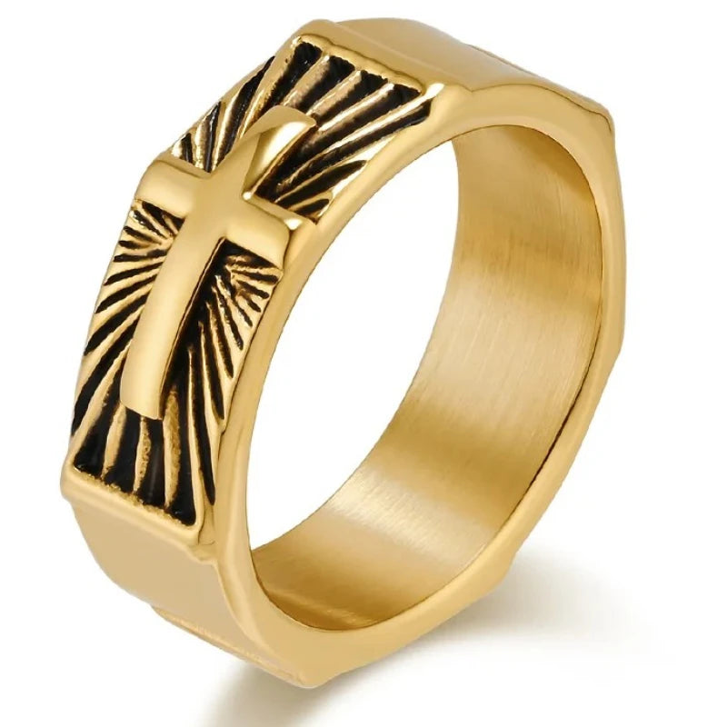 ヴィンテージ ホーリーライト クロスリング メンズ ステンレススチール タリスマンリング 宗教的信仰ジュエリー イースター ハロウィン 感謝祭ギフト