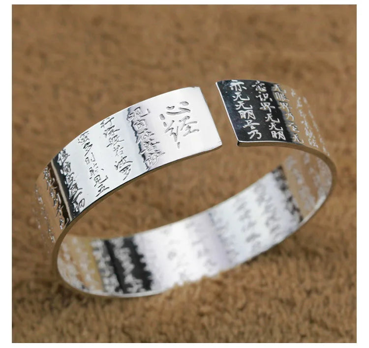 925スターリングシルバー 新作 レディース メンズ ファッションジュエリー レトロ 蓮の彫刻 仏教経典 祝福ブレスレット