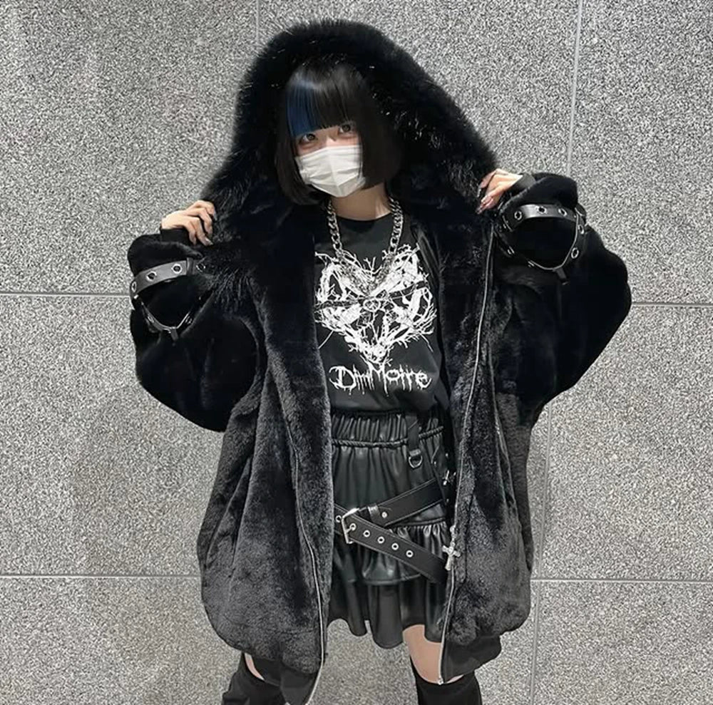 日本製マインシリーズ リベットクロス シープイヤー フード付きジャケット 冬物 新作 ゴスパンク ダークガールズ イミテーションファー プラッシュコート レディース