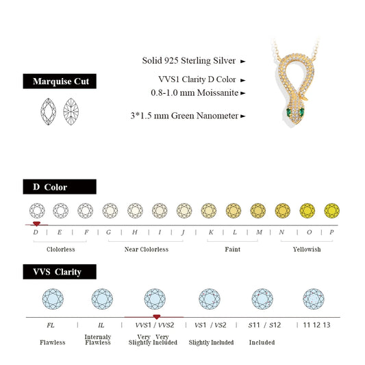 CHARMING Original Snake Moissanite Pendant Necklace Lab Diamond 925 Sterling Silver Luxury Plated Gold Snake Necklace Jewelry