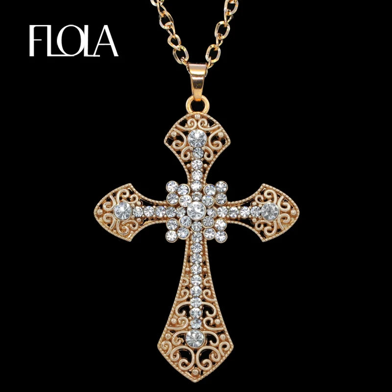 FLOLA ゴールドメッキ クロスペンダントネックレス レディース メンズ ロングチェーン ラインストーンネックレス ペンダント ヒップホップジュエリーギフト nkee32