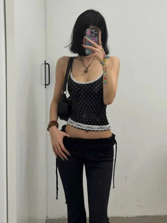 Yedinas Dot Patchwork Lace Halter Tops Sleeveless Tshitrs Tank Tops Summer Camisole Women Clothes Sexy Streetwear Y2k Chic