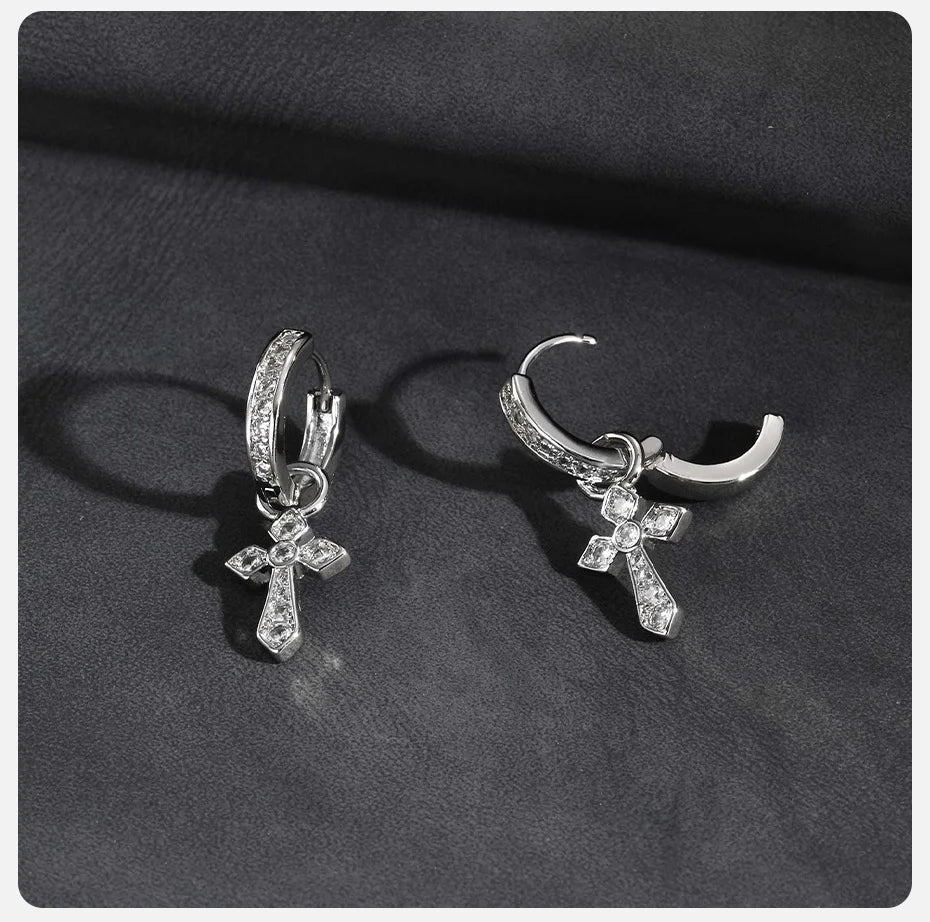 Vnox クロスペンダントフープイヤリング メンズ ボーイズ 27.6mm シルバーカラー 銅ジルコン パンクジュエリー ゴシックスタイル 誕生日パーティーギフト