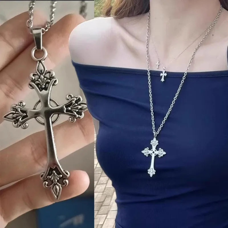 ファッションパーソナリティゴシックアンティークシルバークロスネックレス男女兼用ストリートヒップホップヴィンテージローズフラワーペンダントチョーカー