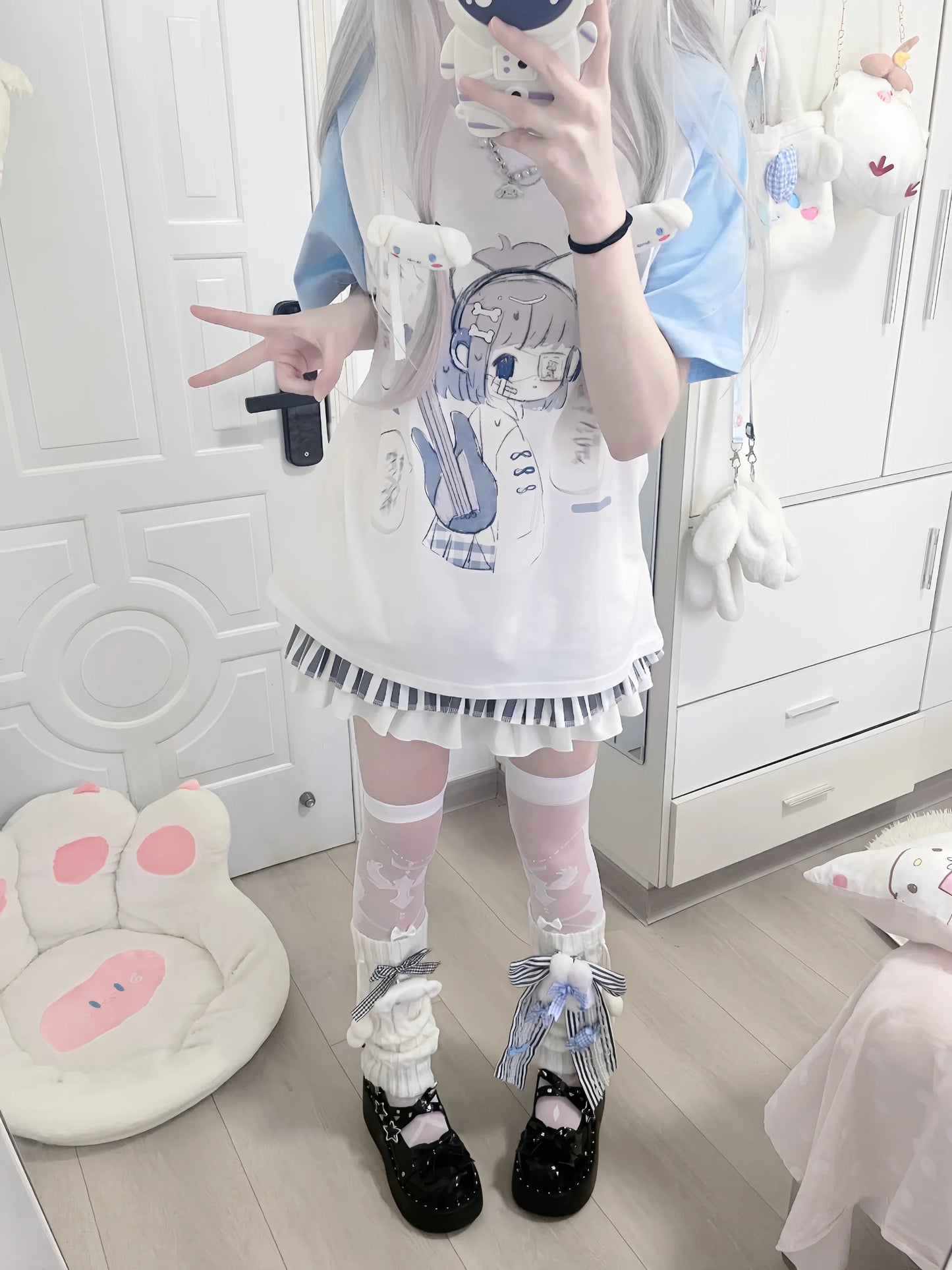 Girls Tees Popular Japanese Harajuku Cute Summer 2024 New Bule Subculture Short-sleeved T-shirt Pulovers Women Short Tops