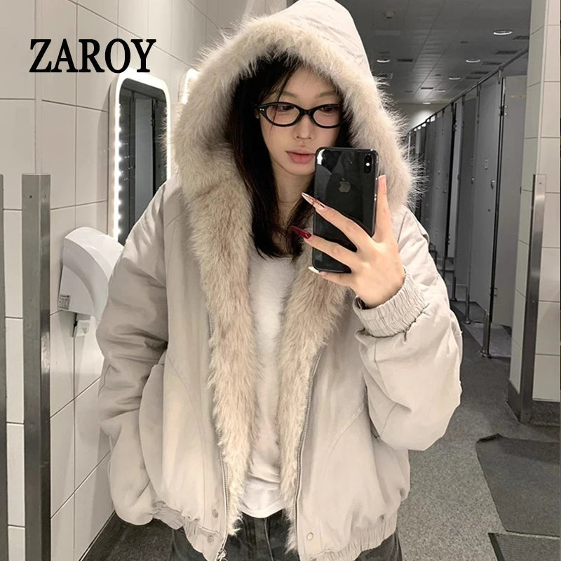 ZAROY レディース&amp;メンズ 冬用ジャケット Y2K ストリートウェア ファーカラー フード付き カジュアル ルーズコート 暖かい 原宿系 パーカー ゴシック パーカー куртк