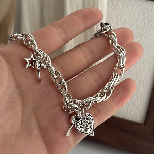 100%ソリッド925スターリングシルバーレトロブレスレット レディース メンズ ヴィンテージ ハンドメイド ヴィンテージ ハート クロス パターン ブレスレット 誕生日ギフト