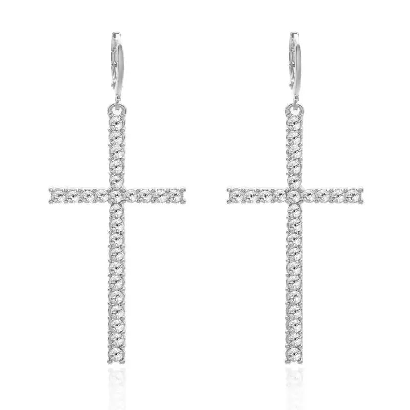 ファッションジルコンクリスタルクロスイヤリング レディース メンズ ゴシック パンク ヒップホップ イエス十字架ダングルイヤリング クリスチャンパーティージュエリー