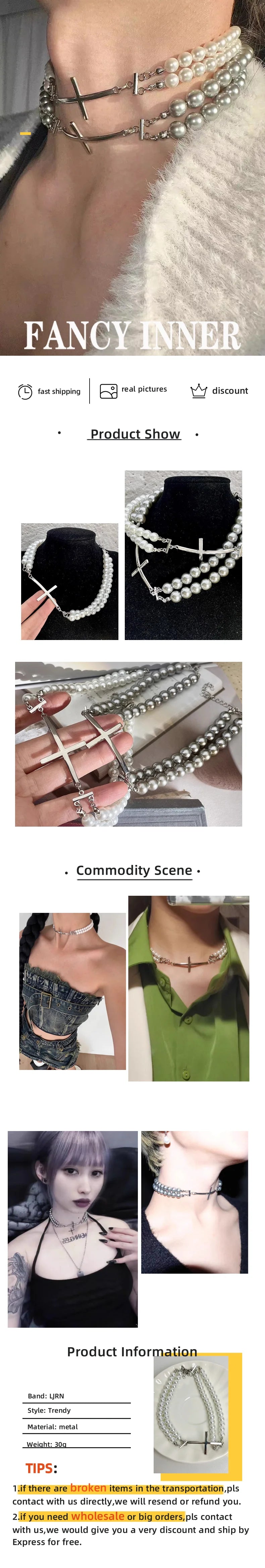 2024 New Pearl Cross Necklace Beaded Punk Cool Unisex Couple Trendy Neck Accessories Choker for Women Men Jewelry