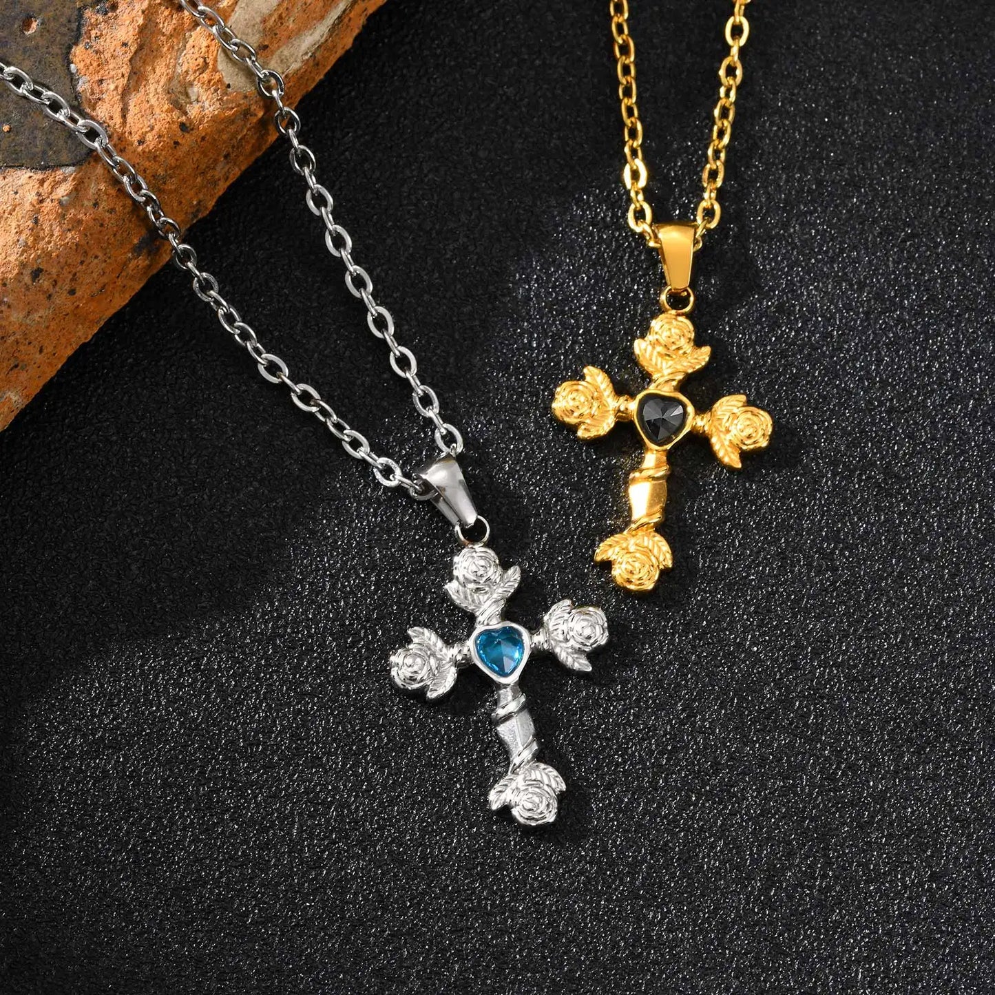  Fashion Heart Zircon Rose Flower Cross Pendant Necklace for Men Women, Gold Plated Stainless Steel Necklace,Aesthetic Jewelry