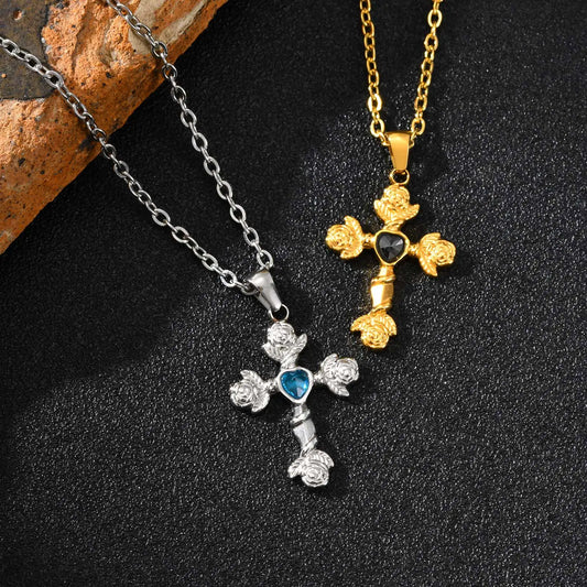  Fashion Heart Zircon Rose Flower Cross Pendant Necklace for Men Women, Gold Plated Stainless Steel Necklace,Aesthetic Jewelry
