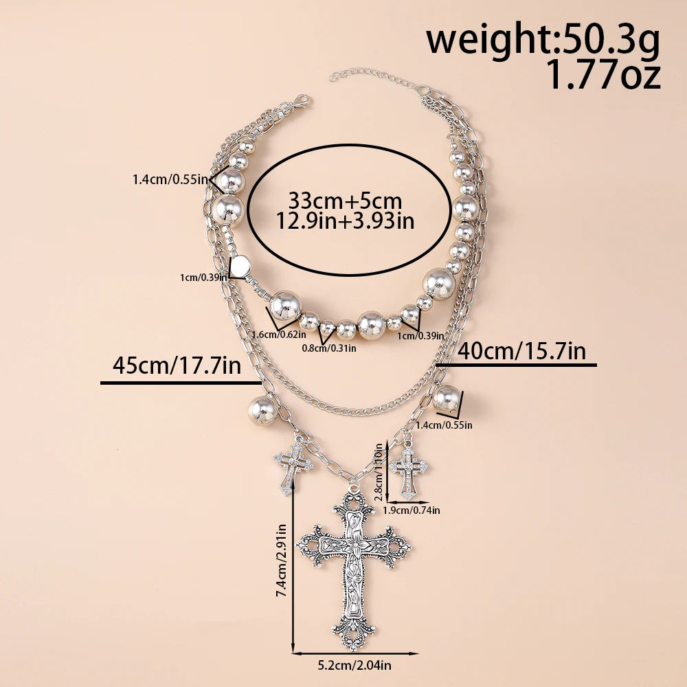 クールなゴシッククロスペンダントネックレス。レディース・メンズ用。多層ビーズチョーカーネックレス。ヒップホップ・パンクジュエリーギフト。