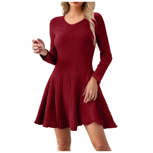 Knitted Mini Dresses Women V Neck Autumn Winter Solid Korean Fashion Vestidos Mujer Elegant Long Sleeve A-Line Women Dress 2025