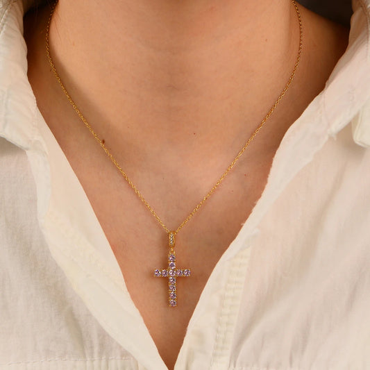 925 Silver Hip Hop Cross Necklace for Women Trendy Lightweight Pink Zircon Pendant Clavicle Chain Fashion Jewelry Accessory