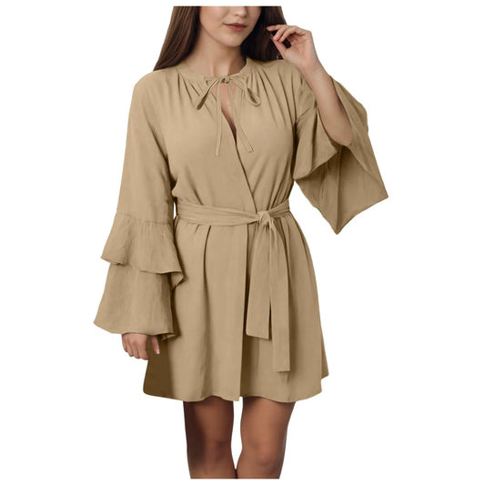 Summer Ruffle Long Sleeve Short Dress For Women Solid Casual V Neck Tie Belt Irregular Mini Dress Lace Up Tiered Beach Dresses