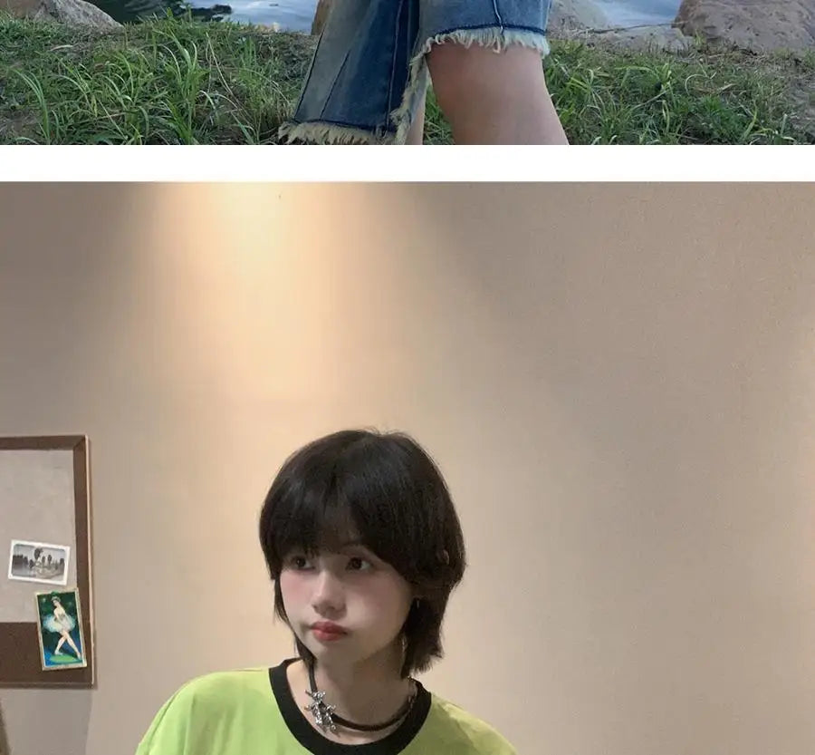 日本のサブカルチャー かわいい猫プリント 半袖Tシャツ レディース 夏 ヴィンテージ グリーン カジュアル ゆったり スウィートガール Y2K トップス