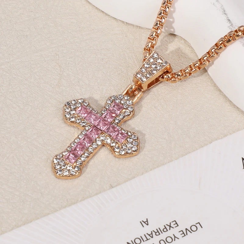 ラインストーンクロスペンダントネックレス メンズ レディース 万能セーターチェーン ヒップホップクロスネックレス ジュエリーアクセサリー ギフト