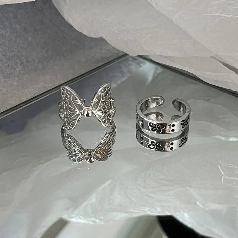 ヴィンテージ シルバーメッキ クロスリングセット レディース ゴシック パンク スチームパンク バタフライリングセット パーティー ファッション ジュエラー