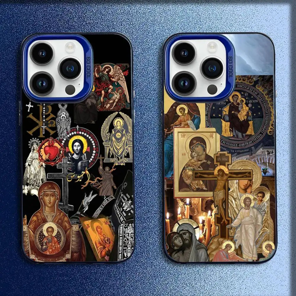 正教会の十字架アイコン教会電話ケース iPhone 16、15、14、13、12、11、Mini、Pro、E、MAX用 ブルーキャンディマット耐衝撃カバー