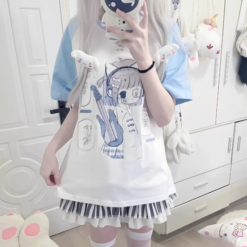 Girls Tees Popular Japanese Harajuku Cute Summer 2024 New Bule Subculture Short-sleeved T-shirt Pulovers Women Short Tops