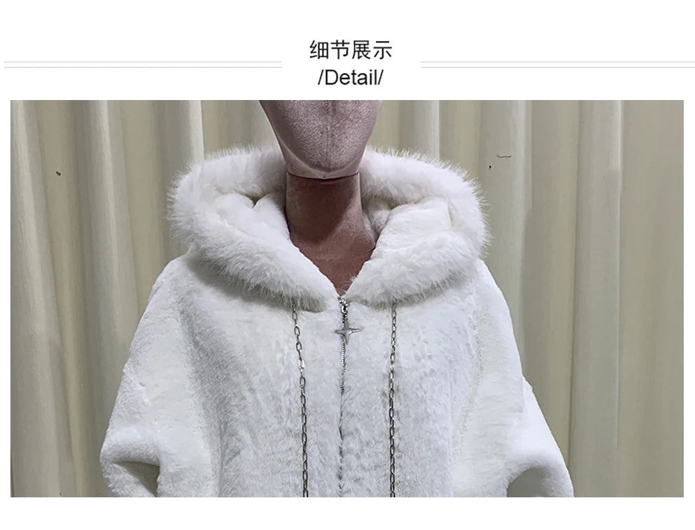 マウロイカルディ 秋冬 オーバーサイズ 暖かい ソフト ホワイト フェイクファーコート レディース フード付き 原宿系 ファッション ふわふわ ジャケット ストリートウェア 2025