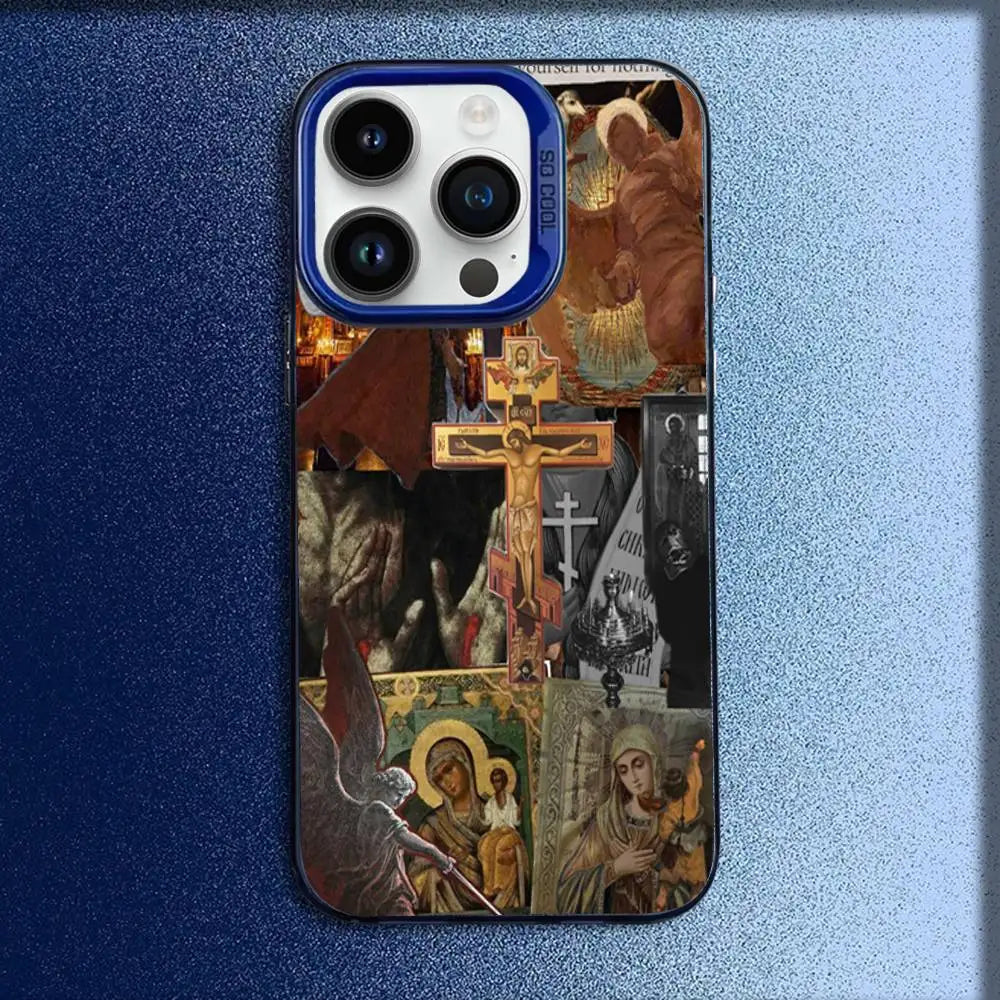正教会の十字架アイコン教会電話ケース iPhone 16、15、14、13、12、11、Mini、Pro、E、MAX用 ブルーキャンディマット耐衝撃カバー