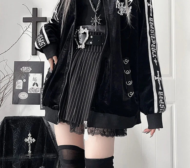 オリジナルサブカルチャーY2Kゴスベルベットプリントジッパージャケット秋新作ストリートパンクダークルーズスポーツコート原宿カジュアルジャケット