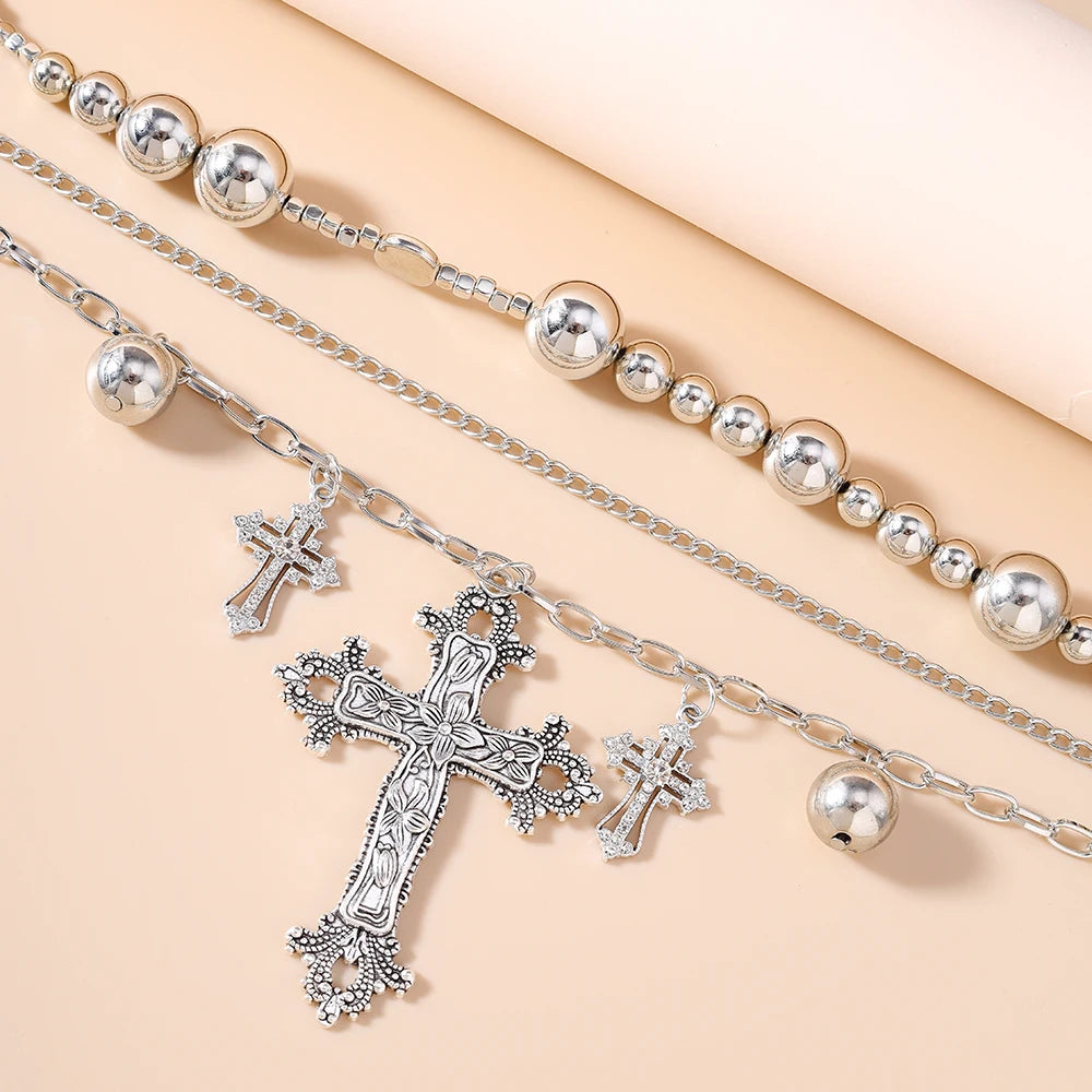 クールなゴシッククロスペンダントネックレス。レディース・メンズ用。多層ビーズチョーカーネックレス。ヒップホップ・パンクジュエリーギフト。