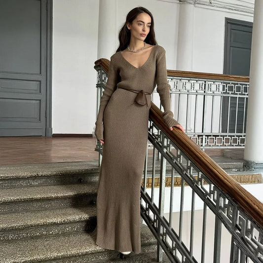 2025 Autumn Women's New Solid Color Long Sleeve V-neck Slim Bodycon Knitted Maxi Dress Trendy Elegant Fashion Sexy Dresses
