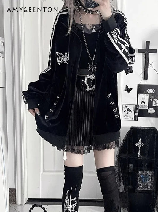 オリジナルサブカルチャーゴスベルベットプリントジッパージャケット秋の新しいストリートパンクスタイルダークルーズスポーツコート原宿カジュアルジャケット