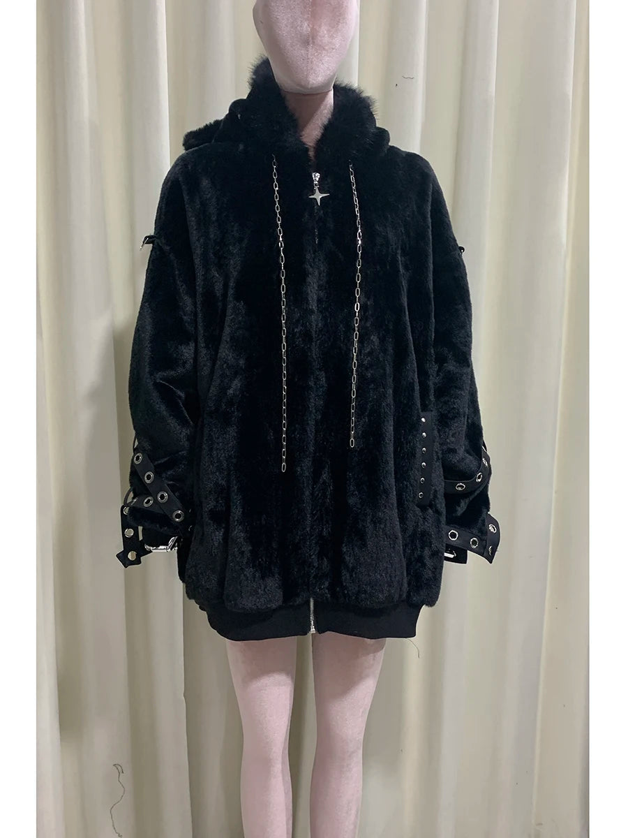 マウロイカルディ 秋冬 オーバーサイズ 暖かい ソフト ホワイト フェイクファーコート レディース フード付き 原宿系 ファッション ふわふわ ジャケット ストリートウェア 2025