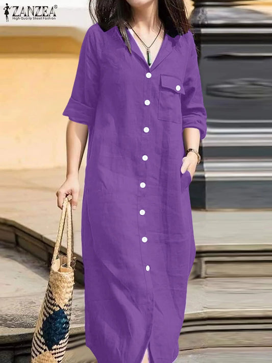 ZANZEA Office Casual Collared Shirtdress Women Autumn Fashion 3/4 Sleeve Button Up Midi Dresses Commuting Solid Color Robe Femme