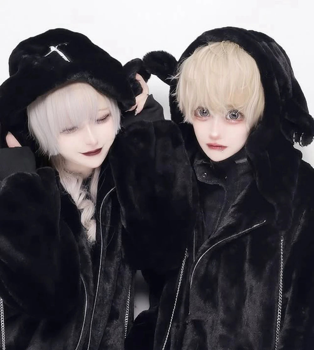 日本製マインシリーズ リベットクロス シープイヤー フード付きジャケット 冬物 新作 ゴスパンク ダークガールズ イミテーションファー プラッシュコート レディース