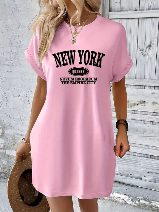Women's Casual New York Graphic TShirt Dress  Short Sleeve Round Neck Loose Fit SpringSummer