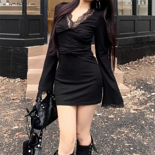 Long Sleeve Black Mini Dress Vintage Sexy Womens Lace Patchwork Y2K Aesthetic Dress High Waist Party Club Women Dress Autumn New
