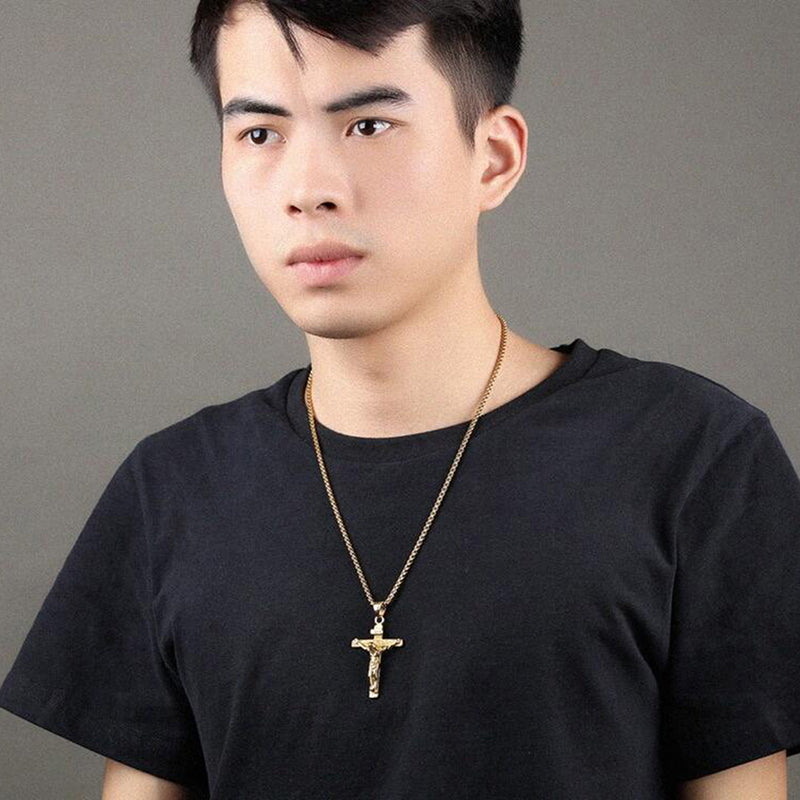 宗教的なイエスの十字架のステンレススチールネックレス、男性用ファッションゴールドシルバーカラーの十字架ペンダント、チェーンネックレスジュエリーギフト付き