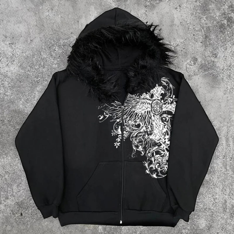 ヨーロッパとアメリカのスタイルのイースターの男性と女性の豪華なエッジの装飾ジャケット、クロスウィングパターンがプリントされていますパンクY2K