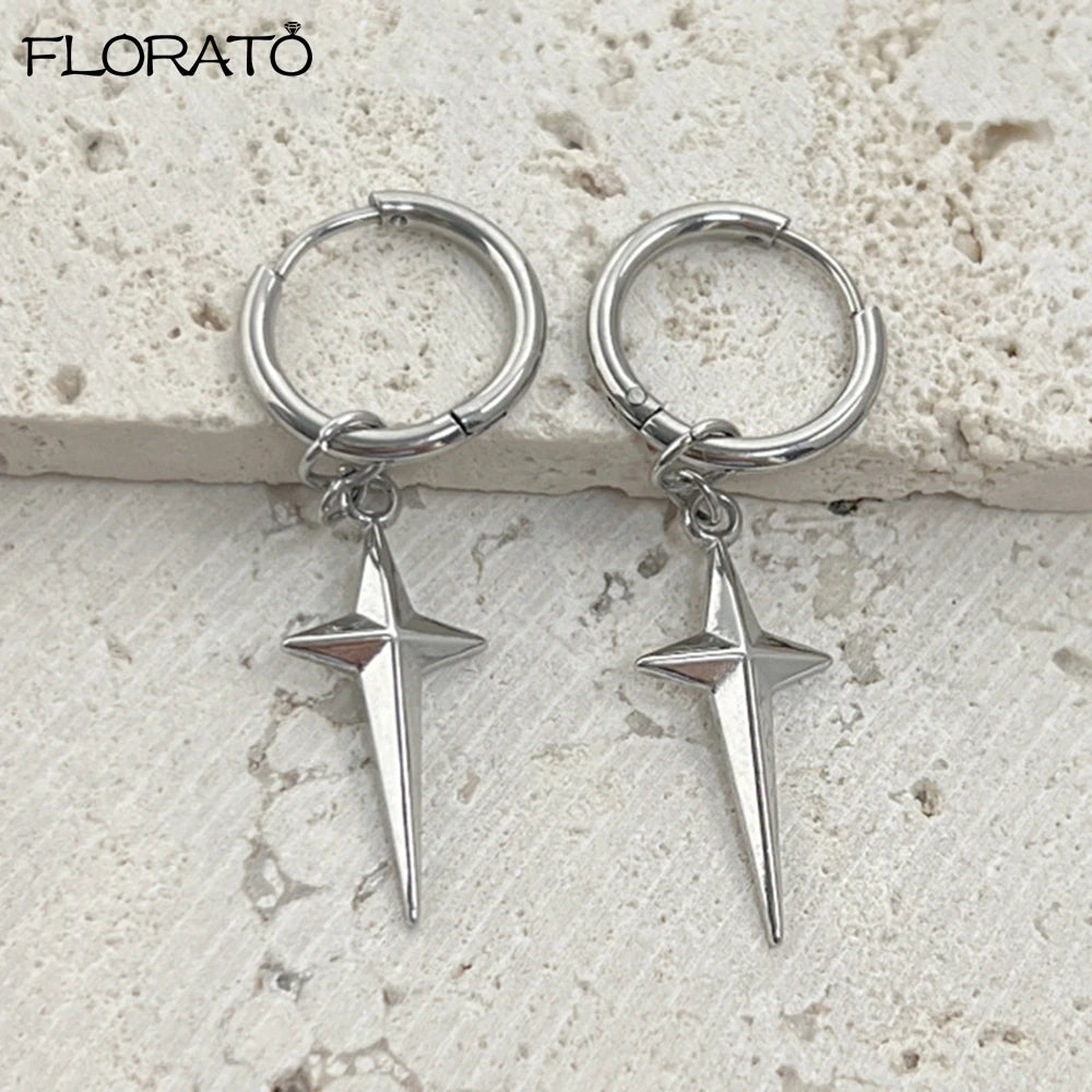 925シルバーニードルメンズクロススターパンクダングルイヤリングゴシックレディースクロスイヤーフープイヤリングハギーペンダントピアスジュエリー