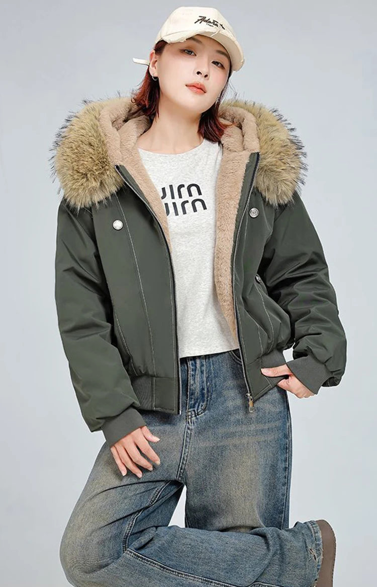 アメリカンスタイル レトロ ファーカラー イミテーションミンクファー フード付き コットンパッド入り ジャケット レディース&amp;メンズ ゴシック ヒップホップ カジュアル ジッパー パーカー