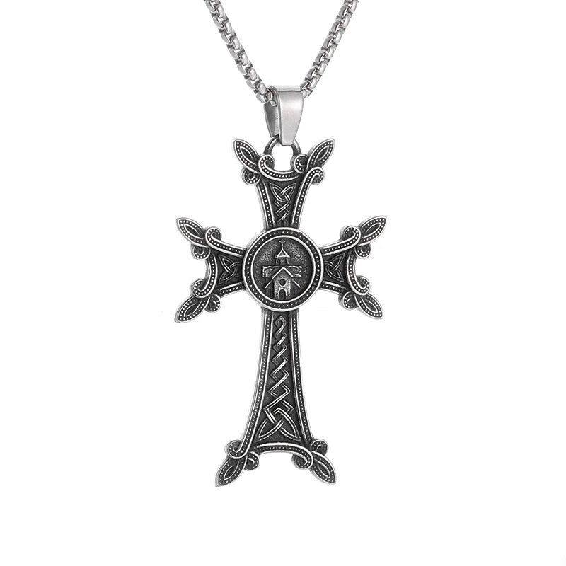 Stylish Valknut Celtic Cross Pendant Necklace Armenian Cross or Khachkar Cross Jewelry for Men
