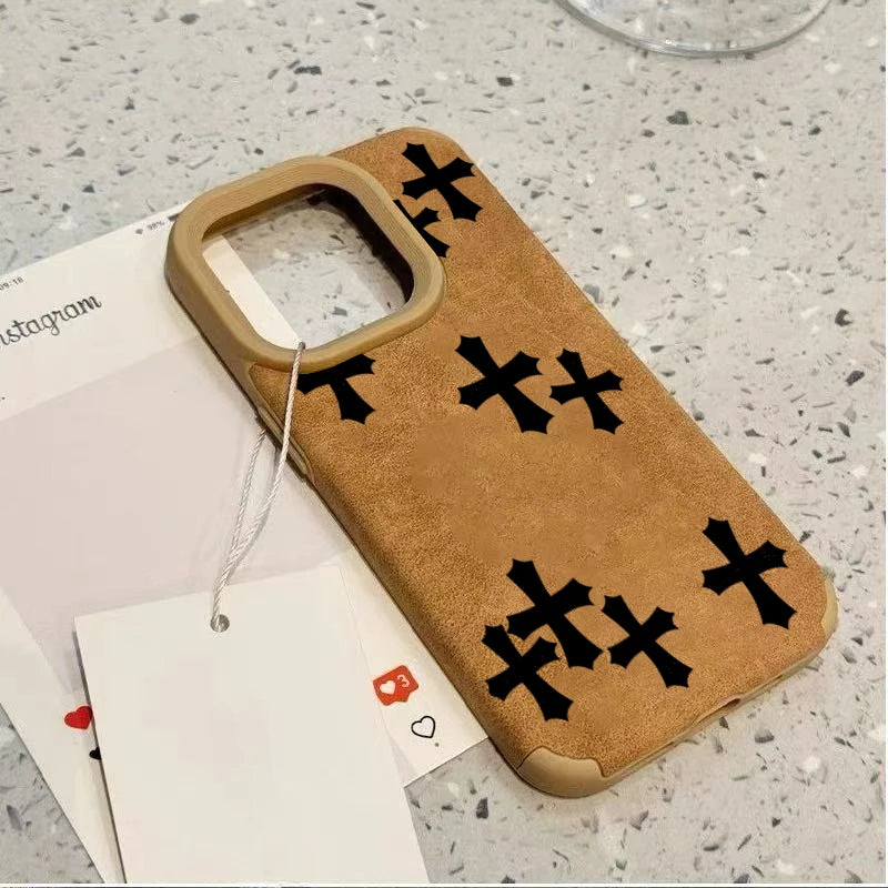 ブラッククロスノーブルイミテーションフェイクレザー携帯ケース iPhone 17 16 15 14 13 12 11 Pro Max XS XR 16 Plus 17Air 耐衝撃カバー