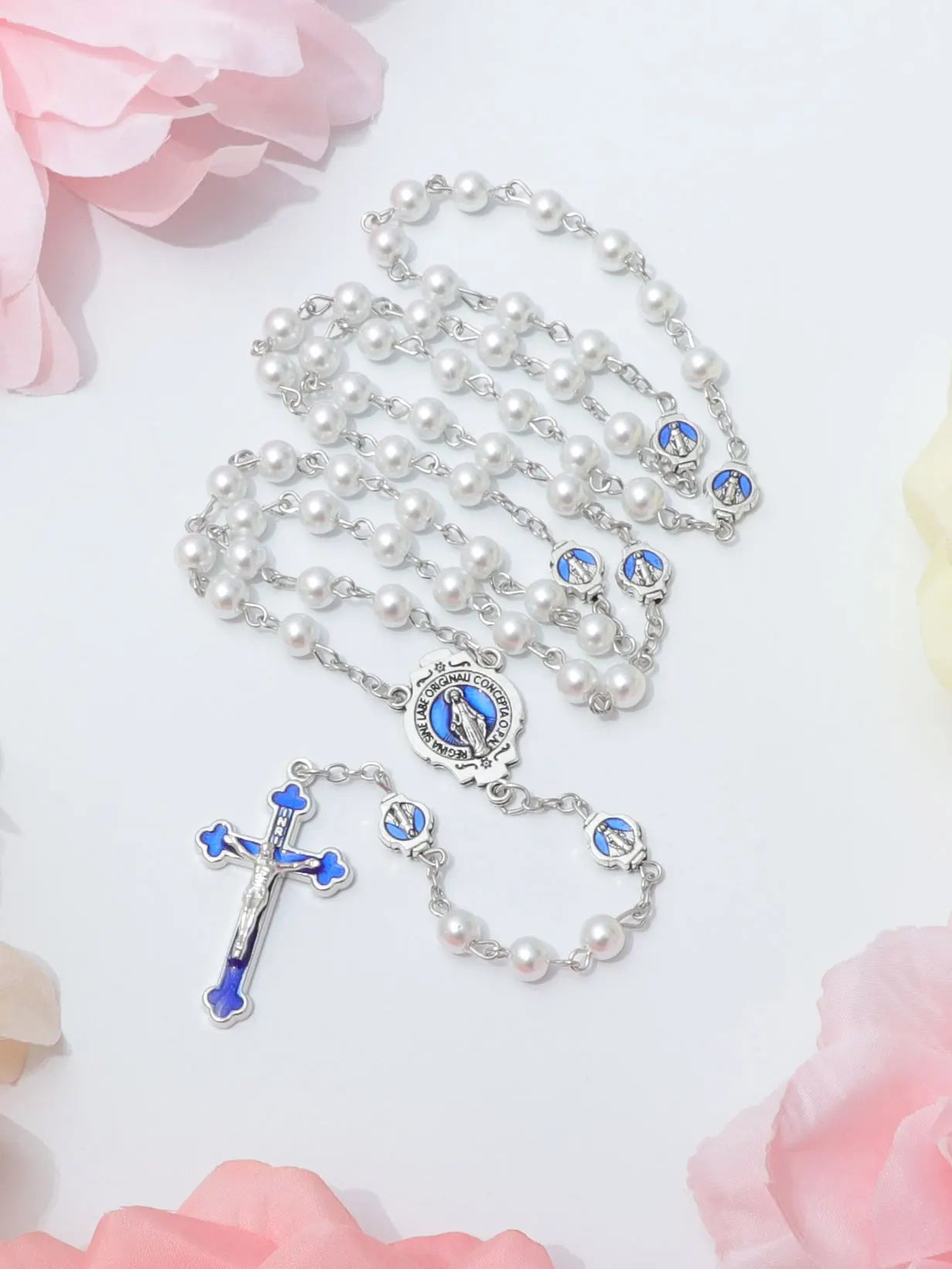 ブルーロザリオネックレス レディース メンズ 祈りビーズ ロングチェーン 宗教的 聖母マリア 十字架ペンダント メンズ パーティー ジュエリー ギフト