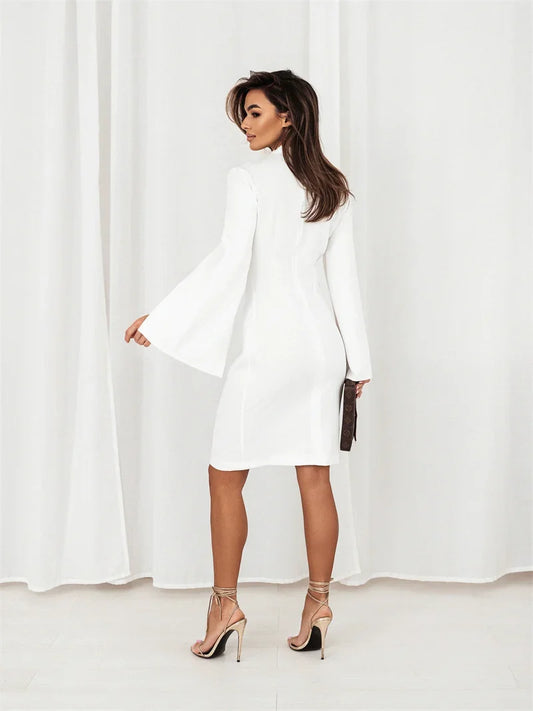 Women Sexy Deep V-neck Hip Wrap Mini Dress Elegant Split Long Sleeve Solid Slim Fit Dress Fashion Hight Waist Draped Party Dress