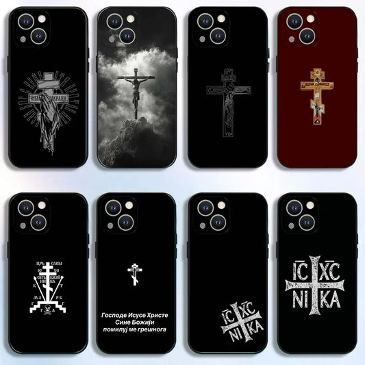正教会の十字架アイコンの携帯電話ケース、iPhone 16、15、14、13、12、11 Plus、Pro Max、XS、X、XR、SE、Mini、8、7用、ソフトシリコンブラックカバー