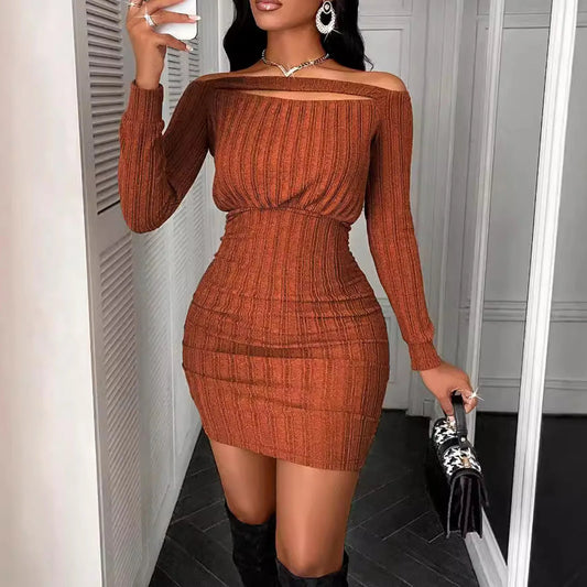 Women's Sexy Off Shoulder Bodycon Mini Dress Solid Color Long Sleeve Ribbed Knit Short Dress Elegant Lady Hip Wrap Party Dresses