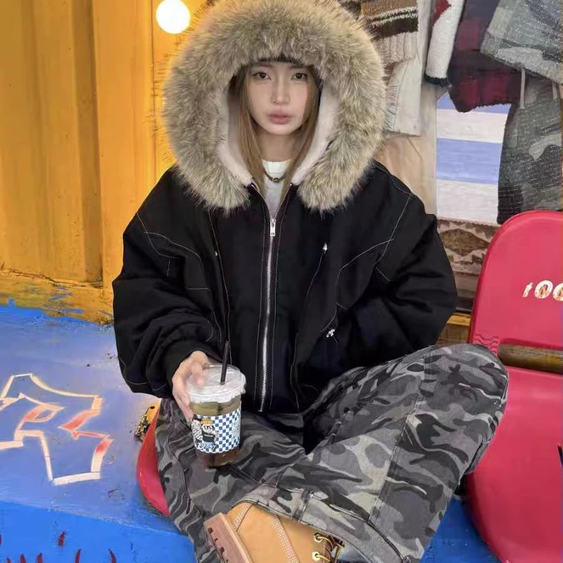 アメリカンスタイル レトロ ファーカラー イミテーションミンクファー フード付き コットンパッド入り ジャケット レディース&amp;メンズ ゴシック ヒップホップ カジュアル ジッパー パーカー